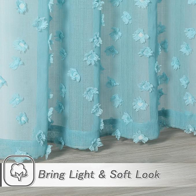 MYSKY HOME Pom Pom Teal Sheer Curtains for Bedroom Girls Room Curtains 84 Inches Long for Nursery Kids Light Filtering Boho Window Drapes, Rod Pocket, 52" Wide, 2 Panels