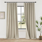 KangBang Full Blackout Linen Curtains 102 inches Long 2 PCs, Farmhouse Back Tab Pleated UV Protection Drapes, Floor to Ceiling Curtains for Bedroom Dining Room, Linen Color, 52Wx102L