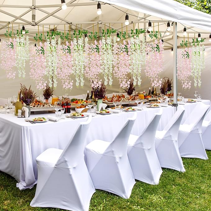 Giegxin 36 Pcs Artificial Wisteria Hanging Flowers 3.6 ft Artificial Fake Wisteria Vine Rattan Hanging Garland Silk Flowers String for Wall Home Wedding Party Greenery Decorations (Pink,White)