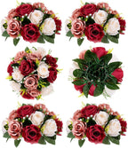 BLOSMON Wedding Flowers Decorations for Table: 6 Pcs Burgundy & Dusty Rose & Creamy White Fake Rose Flowers Balls Centerpieces- Artificial Silk Kissing Floral Arrangements Home Party DIY Decoration