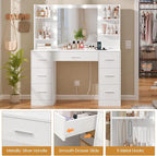 Quimoo Large Vanity Desk with LED Lighted Mirror & Power Outlet,Makeup Vanity Table with 7 Drawers,4 Shelves and 5 Hooks,Vanity Table, Vanity Desk Set for Bedroom,Bathroom,White