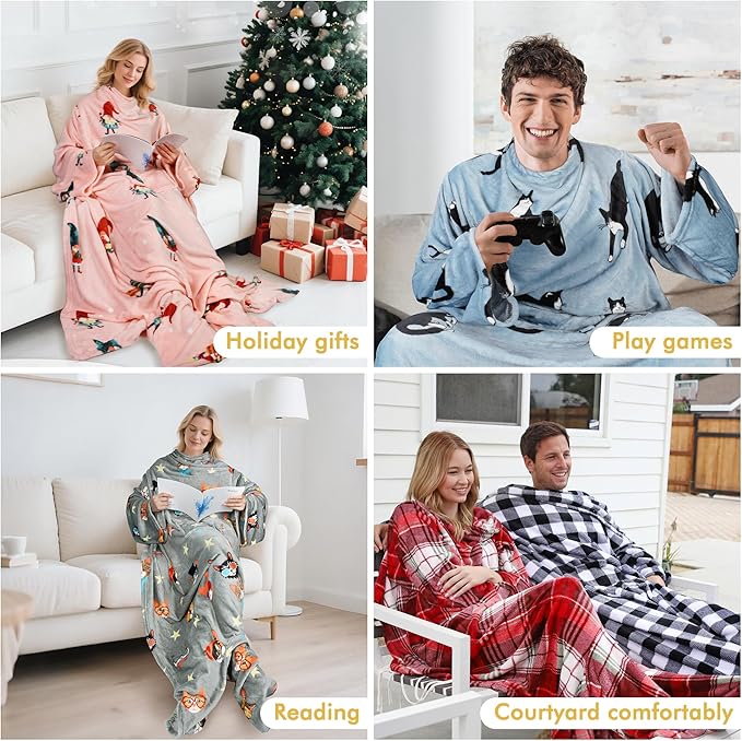 Catalonia Wearable Fleece Blanket with Sleeves and Foot Pockets for Adult Women Men, Micro Plush Comfy Wrap Sleeved Throw Blanket Robe Large, Wine