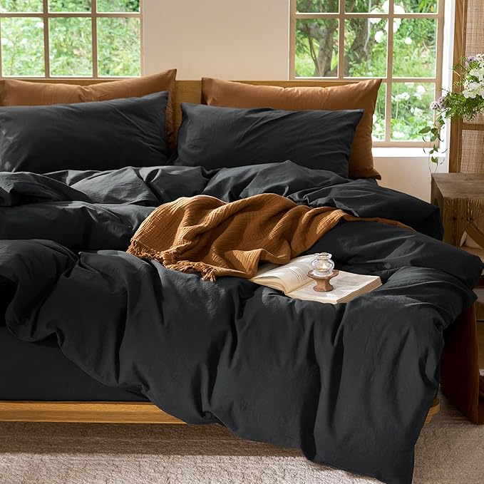 MooMee Bedding Duvet Cover Set 100% Washed Cotton Linen Like Textured Breathable Durable Soft Comfy (Solid Black, Palatial King/Oversized King 120"x98")