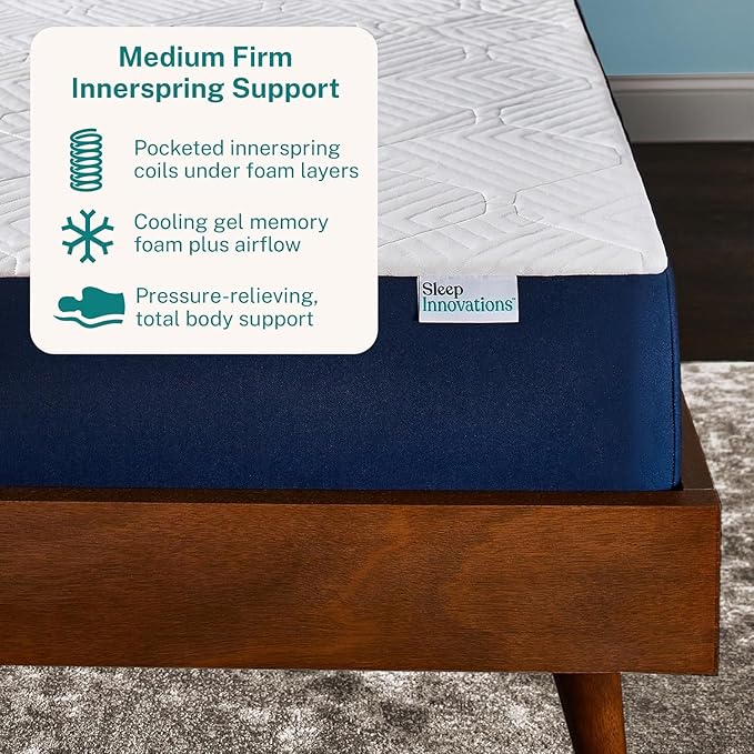 Sleep Innovations Marley Hybrid 10 Inch Cooling Gel Memory Foam and Innerspring Coil Mattress, Queen Size, Bed in a Box, Medium Firm Advanced Support