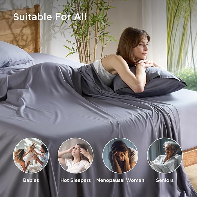 Bedsure Queen Sheet Set, Cooling Sheets for Queen Size Bed Set, Rayon Derived from Bamboo, Breathable & Soft, Deep Pocket Up to 16", Hotel Luxury Silky Bedding for Hot Sleepers, Dark Grey