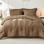 HYMOKEGE Brown California King Comforter Set Seersucker 7 Pieces, All Season Luxury Bed in a Bag for Bedroom, Bedding Set with Comforter, Sheets, Pillowcases & Shams