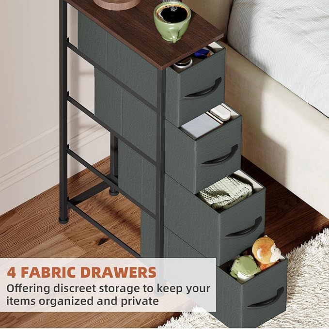Somdot Narrow Dresser with 4 Drawers, Slim Storage Organizer Chest of Drawers with Removable Fabric Drawers for Small Spaces Bathroom Closet Bedroom Laundry, Charcoal Grey