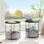 VECELO Round Side/End Table with Fabric Storage Basket，Metal Anti-Rust and Waterproof Small Bedside Nightstand with Removable Tray Top for Living Room，Balcony & Laundry，Black /2pcs with Basket