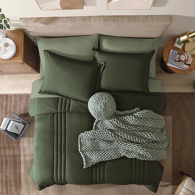 Monbix King Size Comforter Set - 7 Pieces Bed in a Bag King, Olive Green Bedding Sets with Comforter, All Seasons Down Alternative Comforter Bed Set with Sheets, Pillowcases & Shams
