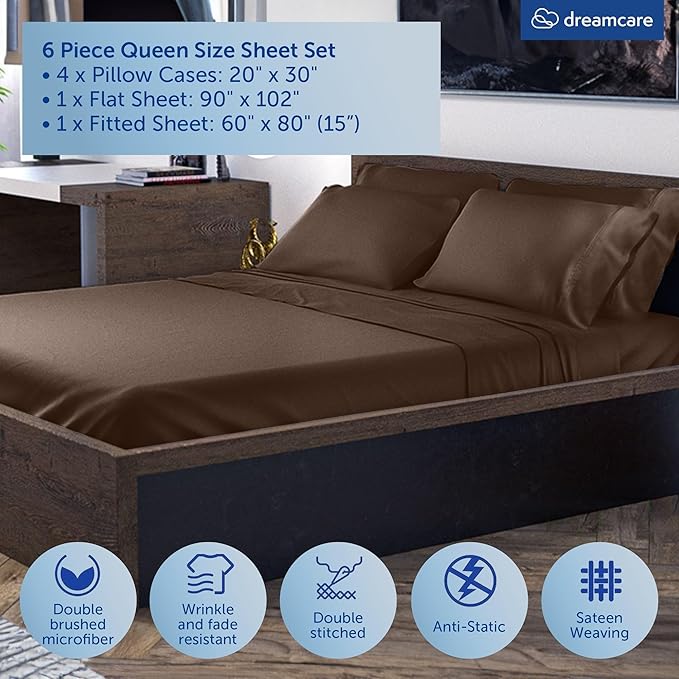 DREAMCARE Queen Sheet Set – 6 pcs Cooling Bed Sheets – up to 15” Deep Sheets Queen Size Bed Set – 2500 Supreme Collection –Extra Soft 100% Brushed Microfiber Hotel Luxury with Side Pocket –Mocha Brown