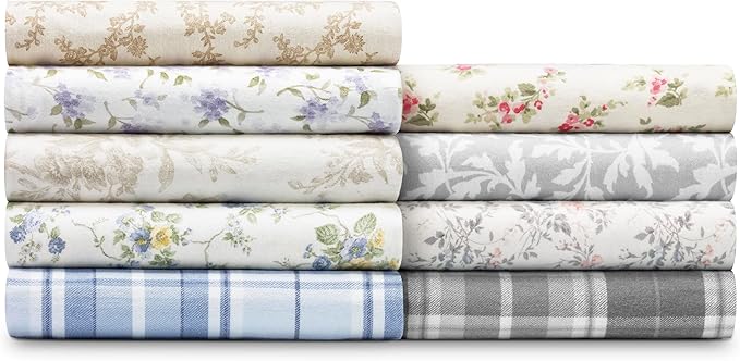 Laura Ashley - Flannel Sheets King Size, Anti-Pilling & Wrinkle Resistant Cotton, Touchably Soft for All-Season Comfort - Bed Sheets with Matching Pillowcases & Fitted Sheet (Crestwood Pastel Grey)