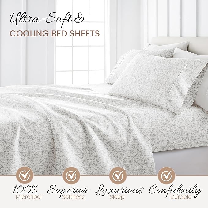 Linen Market Double-Brushed Patterned Microfiber California King Sheet Set 4 Piece – Oeko-TEX Certified Ultra Soft & Wrinkle-Free - 16" Deep Pocket Sheets Easy Care Cal-King Size - Vines Light Gray