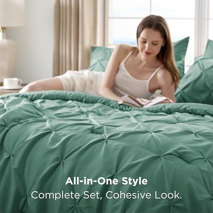 Bedsure California King Comforter Set Graysih Green - Bed in a Bag Cal King Bedding Set 7 Pieces, GentleSoft™ Pintuck Bed Set Gift for Family, Pinch Pleat Comforter with Sheets, Pillowcases & Shams