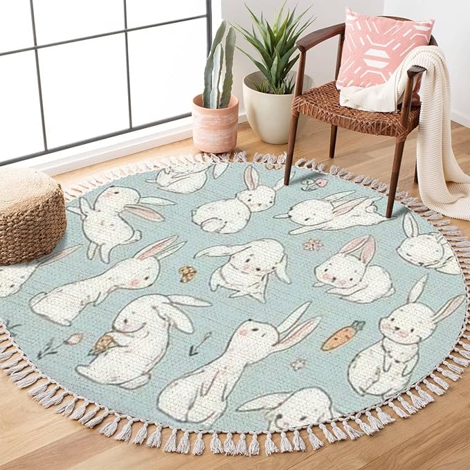 Round Rugs Cute Bunny Carrot Collection Hand Drawn Boho Area Rug Linen and Cotton Carpet Meditation Rug Washable Hallway Runner Mat Accent Rug for Bedroom Bathroom 3ft
