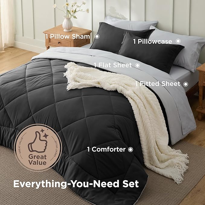 Bedsure Twin Comforter Set - 5 Pieces Reversible Charcoal Grey Bedding, Twin Size Bed Set for All Seasons, Bed in a Bag with Down Alternative Comforter, Sheets, Pillowcase & Sham