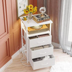 Fixwal White Nightstand with Charging Station, LED Night Stand with 3 Fabric Drawers and Open Shelf, Bedside End Table in Living Room