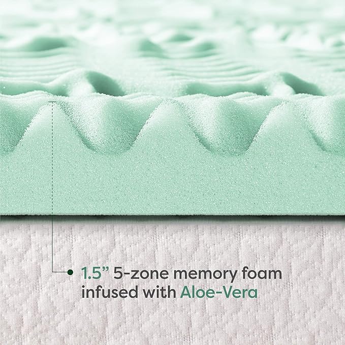 Mellow 1.5 Inch 5-Zone Memory Foam Mattress Topper, Calming Aloe Infusion, Dorm Essentials, Twin