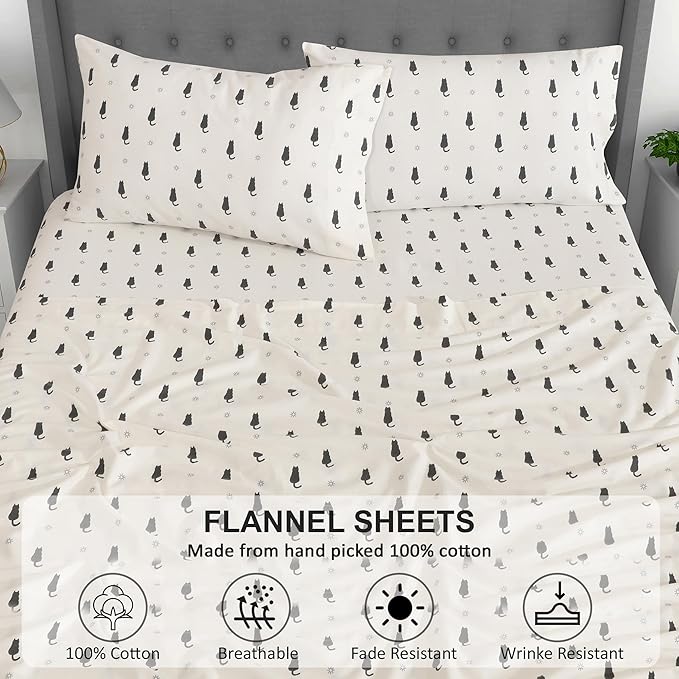 RUVANTI Flannel Sheets Twin Size - 100% Cotton Double Brushed Twin Sheets Set, Deep Pockets 16 Inches, All Seasons Breathable & Extra Soft Bed Sheets, Warm & Cozy, 3 Piece, Black Cat