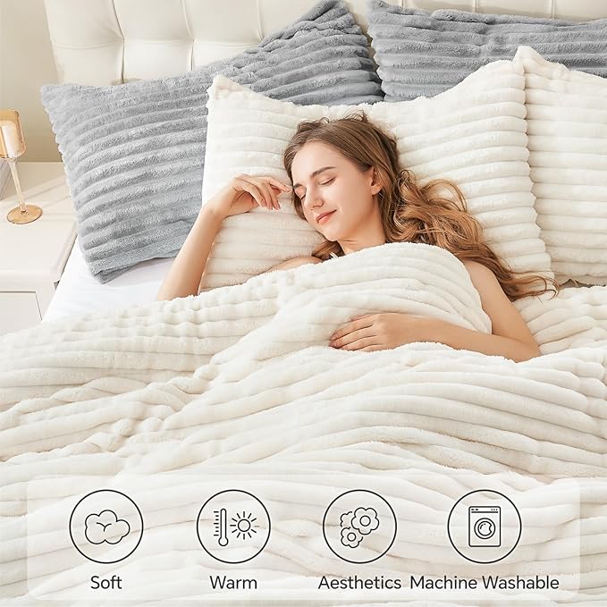 BEDELITE Fleece California King Comforter Set -Super Soft & Warm Fluffy Cream White Bedding, Luxury Fuzzy Heavy Bed Set for Winter with 2 Pillow Cases