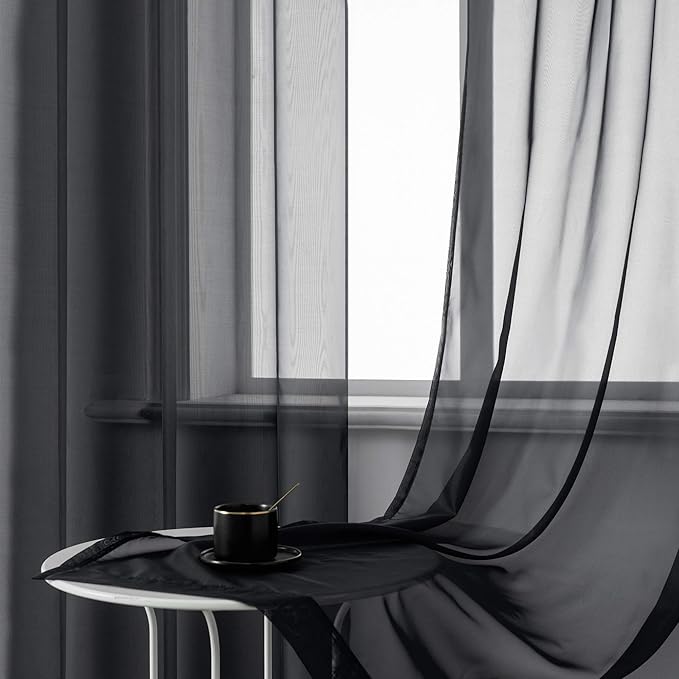 DUALIFE Black Sheer Curtains 84 Inches Length for Living Room Set of 2 Panels Grommet Window Drapes Semi Voile Modern Black Transparent Curtains for Bedroom 52x84 Inch Long