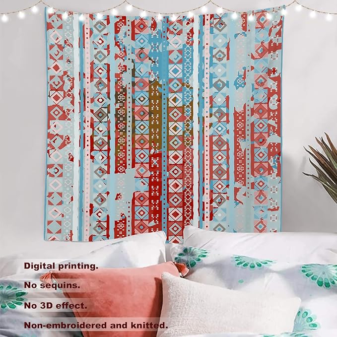 Batmerry Blue Grey Boho Garbage Tapestry, Red Wall Art Hanging Decoration Polyester Fiber White Ruffled Around for Dorm Room Bedroom Living Room, 59.1x59.1 inches