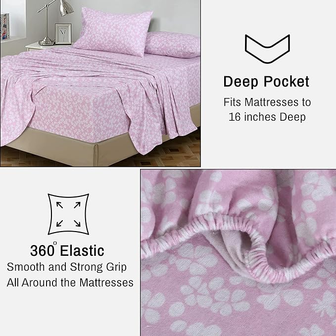 RUVANTI Flannel Sheets Queen Size - 100% Cotton Double Brushed Bed Sheets, Deep Pockets 16 Inches Queen Sheet Set, All Seasons Breathable & Extra Soft - Warm & Cozy, 4 Piece, Pink Flora