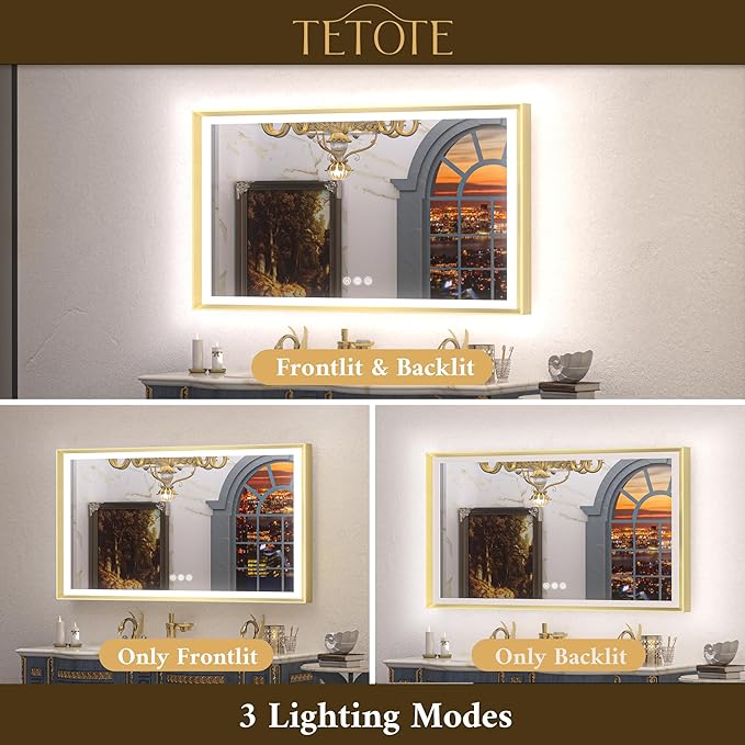 TETOTE Gold LED Mirror for Bathroom 55x30 Metal Frame Frontlit & Backlit Lighted Vanity Mirror Baroque Anti Fog Stepless Dimmable White/Warm/Natural,CRI90+,Wall Mounted(Horizontal/Vertical)