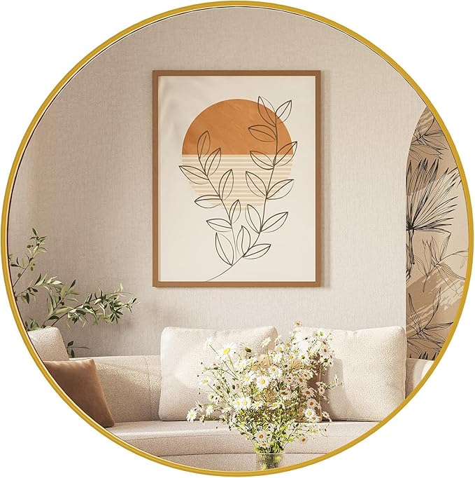 Sweetcrispy 24in Round Bathroom Mirrors for Wall, Bathroom Mirrors for Over Sink, Wall Decor for Bathroom, Entryway, Bedroom, Vanity, Classical Gold