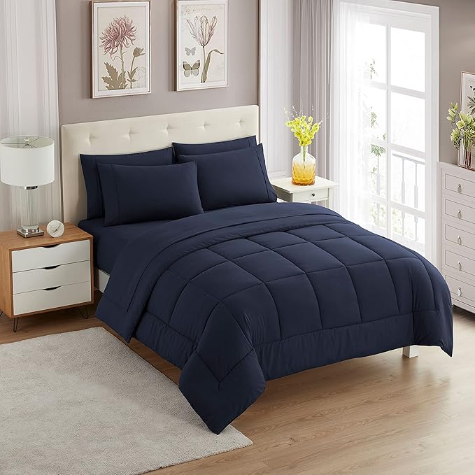 King Size Comforter Set with Sheets - 7-Piece Bedding Collection - 1 Comforter, 1 Fitted Sheet, 1 Flat, 4 Pillowcases - Deep Pocket - Soft & Premium Quality - Ideal for All Seasons, Navy Blue