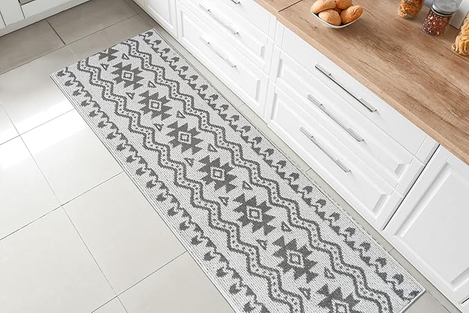 Custom Size Southwestern Style Runner Rug Mat for Wide Hallway Entryway Kitchen Laundry Room with Slip Resistant Latex Rubber Backing, Aztec Light Grey, 31 inch X 6 feet