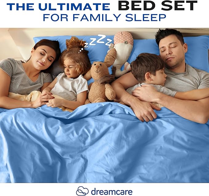 DREAMCARE King Size Sheets Set – 4 pcs Cooling Sheets – up to 21” Deep Pocket King Sheet Set – Hotel Luxury Sheets & Pillowcases – Superior Softness 100% Fine Microfiber with Side Pocket – Light Blue