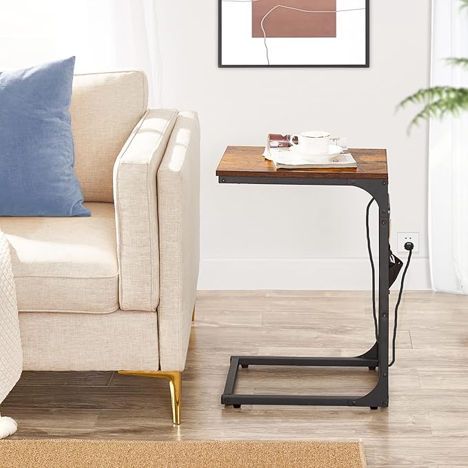 TUTOTAK C Shaped End Table with Charging Station, Side Table for Sofa, Couch Table with Storage Bag, TV Tray with 2 USB Ports and Outlets for Living Room, Bedroom, Brown TB01BB024