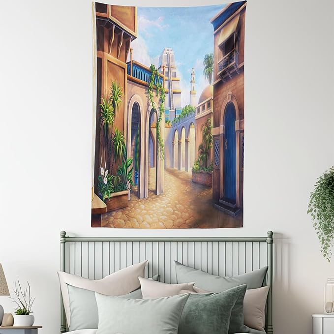 Lunarable City Tapestry Queen Size, Babylon City Gardens Architecture 7 Wonders of the World, Wall Hanging Bedspread Bed Cover Wall Decor, 88" X 88", Caramel Green
