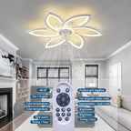 Ceiling Fan with Lights Remote Control, White Flower Ceiling Fan with Light, 3 Light Color Modern Low Profile Flush Mount Ceiling Fan for Kitchen Bedroom Living Room