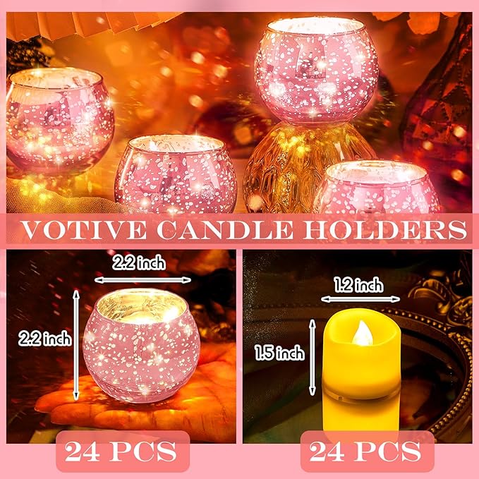 Rtteri 24 Set Votive Candle Holders Wedding Centerpiece Table Decorations Speckled Mercury Glass Votive Candle Holders with Tea Lights Birthday Party Decorations for Home (Pink)