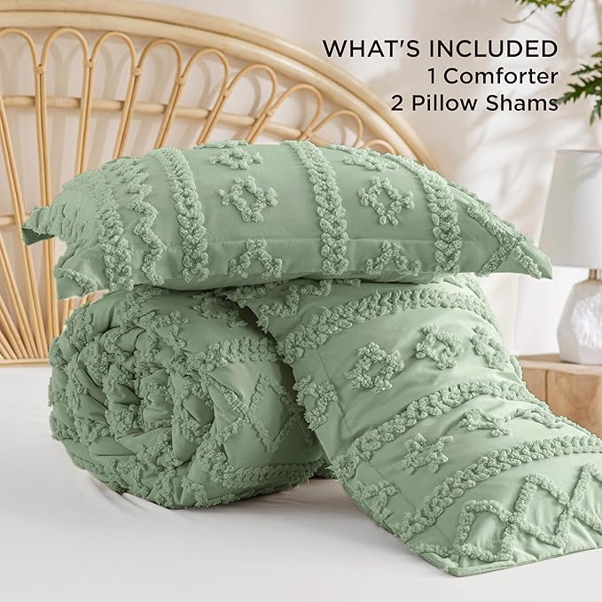 Bedsure Tufted Boho Comforter Set Queen Size - Sage Green Boho Bed Set, GentleSoft™ 3 Pieces Farmhouse Shabby Chic Embroidery Bedding, Gifts for Woman, Soft Jacquard Queen Comforter for All Seasons