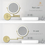 Rechargeable Wall Mounted Lighted Makeup Vanity Mirror 8 Inch Double Sided 1X 10X Magnifying Bathroom Mirror, 3 Color Lighting, Touch Screen Dimming, 360 Rotation Shaving Mirror Gold