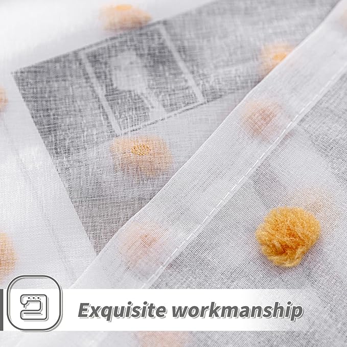 MYSKY HOME Large Pom Pom White Sheer Curtains for Living Room - 108 Inch Burnt Orange - Extra Long Light Filtering Rod Pocket Window Panels - 52 x 108 inch - 2 Pieces