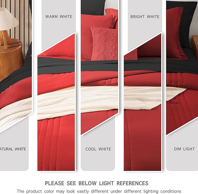 Monbix King Size Comforter Set - 7 Pieces Bed in a Bag King, Bright Red Bedding Sets with Comforter, All Seasons Down Alternative Comforter Bed Set with Sheets, Pillowcases & Shams