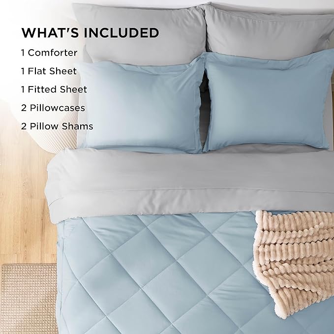 Bedsure Queen Comforter Set - 7 Pieces Reversible Sky Blue Bedding, Queen Size Bed Set for All Seasons, Bed in a Bag with Down Alternative Comforter, Sheets, Pillowcases & Shams