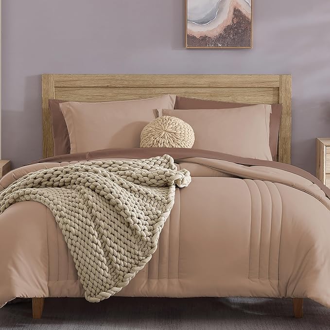 Monbix Full Comforter Set - 7 Pieces Rust Pink Bed in a Bag Full Size Bedding Sets with Comforters, All Seasons Down Alternative Comforter with Sheets,Pillowcases & Shams
