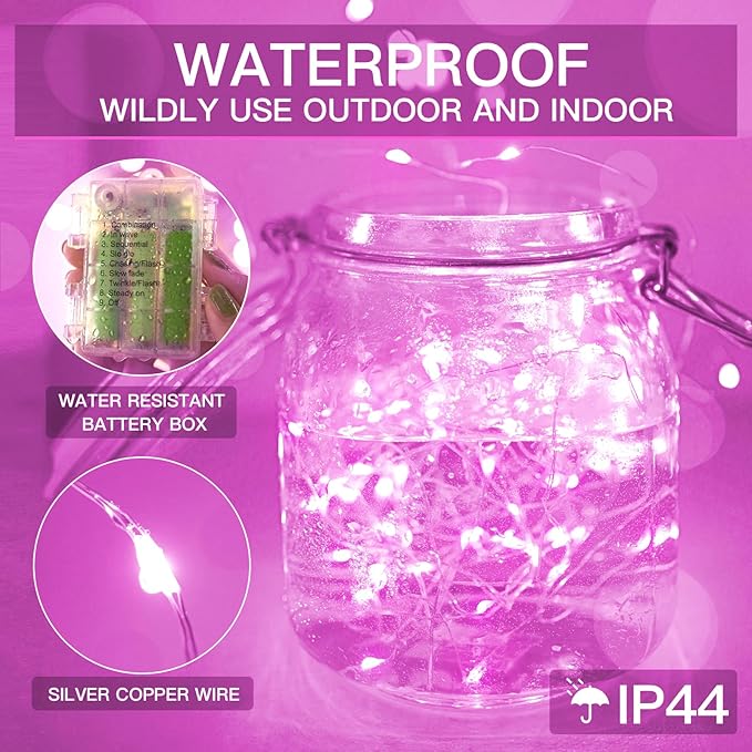 suddus Pink Christmas Fairy Lights Battery Operated Outdoor Waterproof, 66ft 200 Led String Lights with Remote, Twinkle Lights for Bedroom, Dorm, Tapestry, Party Decorations