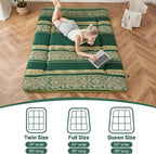Japanese Floor Mattress, Futon Mattress with Portable Storage Bag and Washable Cover, Roll Up Thick Tatami Mat Suitable for Camping, Guest Room (Bohemian Green, Twin)