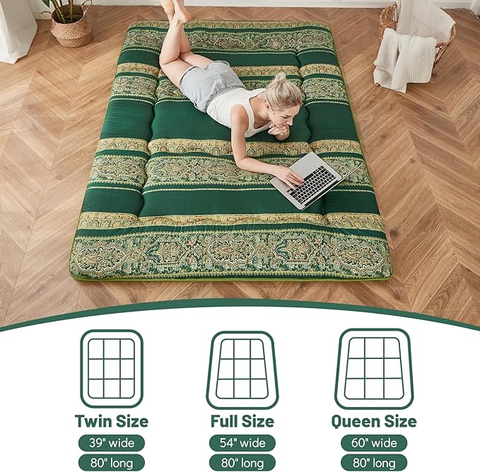 Japanese Floor Mattress, Futon Mattress with Portable Storage Bag and Washable Cover, Roll Up Thick Tatami Mat Suitable for Camping, Guest Room (Boho Green, Full)