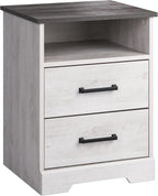 Prepac Rustic Ridge Farmhouse Bedroom Nightstand with 2 Drawers and an Open Cubby, Wooden Bedside Table for Bedroom, Office, or Living Room, 16.25in x 18.75in x 24.5in, Washed White