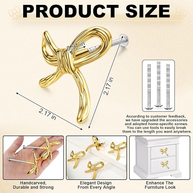 8 Pcs Bow Knobs for Dresser Matel Bow Drawer Knobs Vintage Dresser Handles Cabinet Drawer Pulls for Home Bedroom Kitchen Cabinets Hardware Cupboard (Gold,Classic Style)