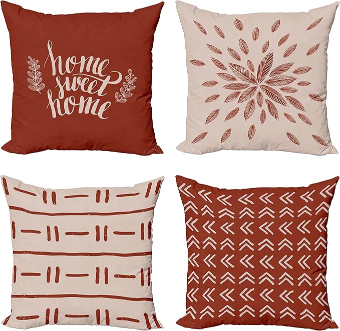 Ambesonne Modern Throw Pillow Cushion Case Pack of 4, Scandinavian Minimal Ornaments Boho Feather Leaves and Home Phrase Print, Modern Accent Double-Sided Digital Printing, 16", Pale Tan and Dark Rust