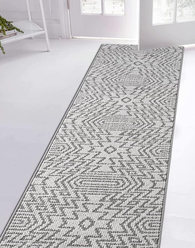 Custom Size Southwestern Style Runner Rug Mat for Wide Hallway Entryway Kitchen Laundry Room with Slip Resistant Latex Rubber Backing, Inca Grey, 31 inch X 12 feet