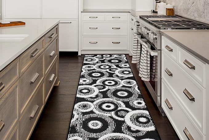 Custom Length Cut to Size Modern Farmhouse Carpet Runner Rug for Hallways, Non Slip Rubber Backed, 31 inch Wide X Customized Length, Geo Black, 31 inch X 22 feet