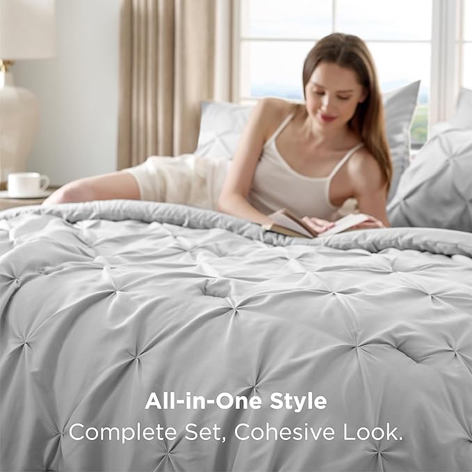 Bedsure California King Comforter Set - Bed in a Bag Cal King Bedding Set 7 PCS, GentleSoft™ Pintuck Bed Set Gift for Family, Pinch Pleat Light Grey Comforter with Sheets, Pillowcases & Shams
